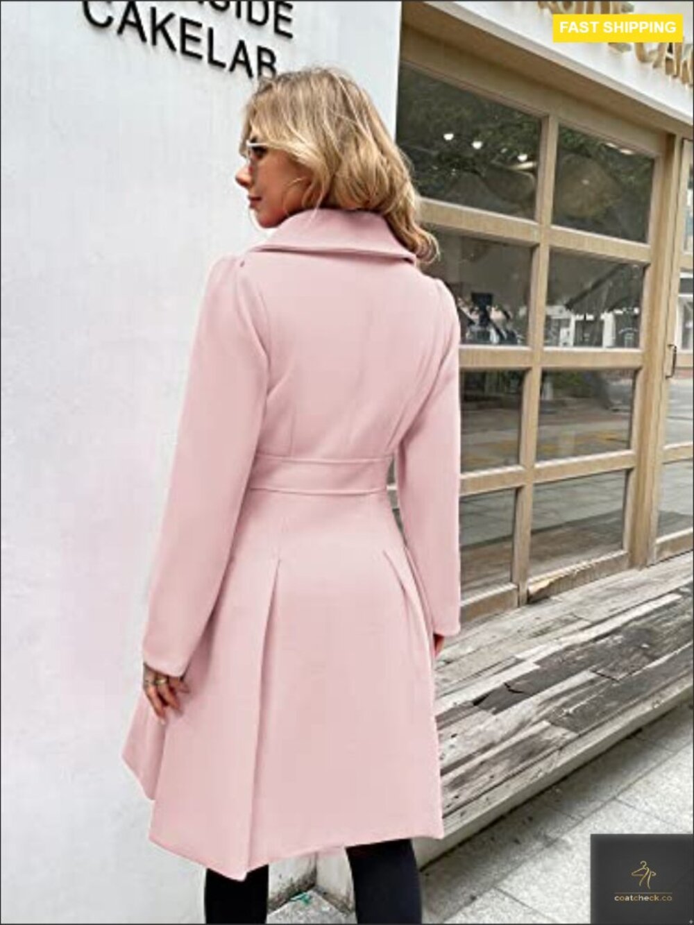 Classic Trench Coat Notch Lapel Double Breasted A-Line Pea Jacket with Pockets - Picture 5 of 7